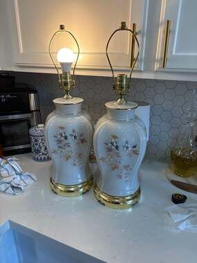 Pair of Vintage Hand Painted Floral Porcelain Ginger Jar Table Lamps with Brass